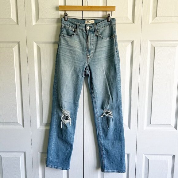 Madewell Perfect Vintage Straight Danby Wash Blue Knee Rip Jeans Women's Size 24 - Picture 1 of 11